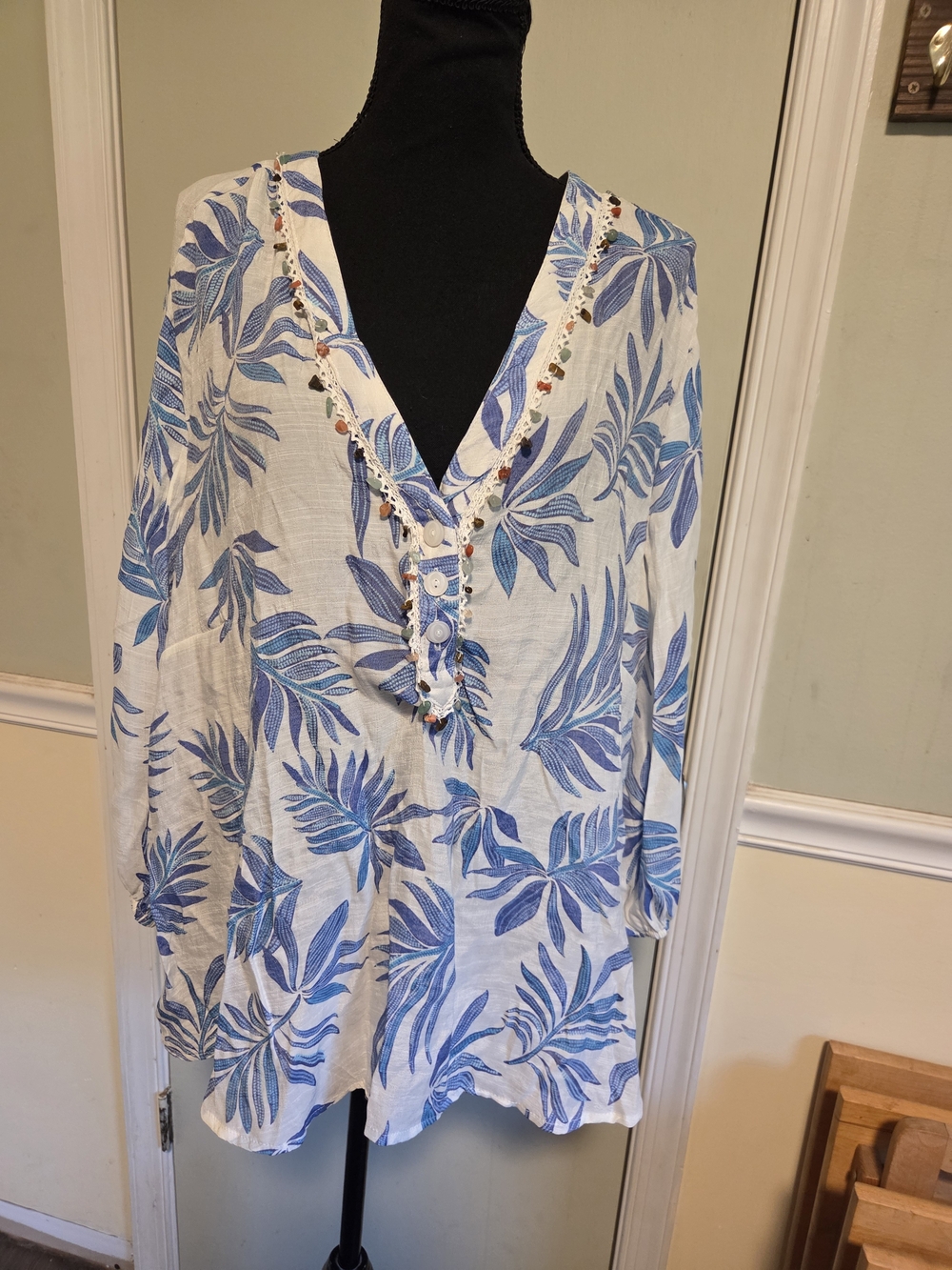 Harve Benard White Tunic with Blue Leaf Print and Embellished Placket